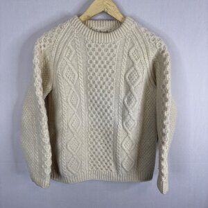 Vintage Aran Fisherman Sweater Cream Wool Cable Knit Women’s M/L Handknit